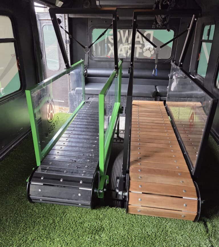 Close-up of slatmill treadmills lined up on artificial turf with green safety bars (Dog treadmills inside Dawg Trax mobile gym)